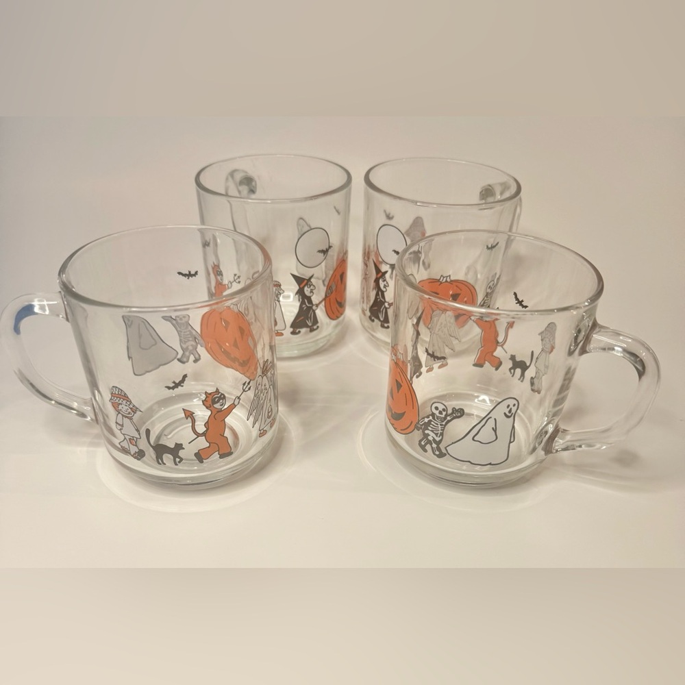 4 Luminarc Glass Halloween Mug Cup Witch Ghost Devil Angel 1970s VTG France